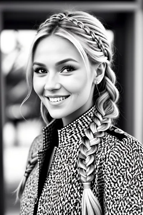 (zentangle style, patterned, intricate, detailed, black and white:1.15), close range of <lora:sd15_locon_AllieDunn_16_v1-000014:.9> AllieDunn with blonde hair, focus on smiling face, wearing a military uniform , her hair is styled as herringbone braid,