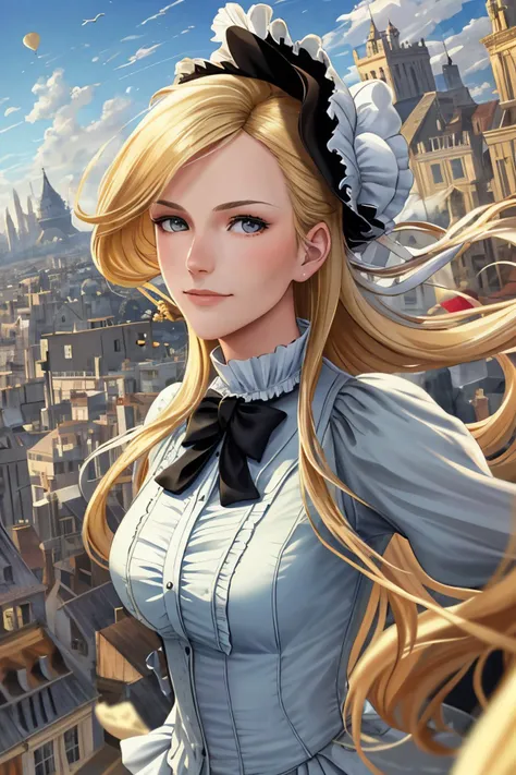 realistic photo of <lora:sd15_locon_AllieDunn_16_v1:.9> AllieDunn with blonde hair, Style-GravityMagic, (focus on character:1.1), portrait, solo, half shot, detailed background, detailed face, (victorian theme:1.1), aristocratic pose, smiling, ruling class, elegant clothing, elegant hat, looking up at floating (cloud city:1.1), cloudtop sky-city, floating platforms, floating buildings, dome, balcony, ziplines, clouds in background, balloon in background, wind blowing, epic atmosphere,