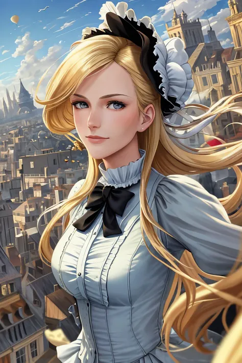 realistic photo of <lora:sd15_locon_AllieDunn_16_v1:.9> AllieDunn with blonde hair, Style-GravityMagic, (focus on character:1.1), portrait, solo, half shot, detailed background, detailed face, (victorian theme:1.1), aristocratic pose, smiling, ruling class, elegant clothing, elegant hat, looking up at floating (cloud city:1.1), cloudtop sky-city, floating platforms, floating buildings, dome, balcony, ziplines, clouds in background, balloon in background, wind blowing, epic atmosphere,