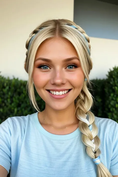 photo of <lora:sd15_locon_AllieDunn_16_v1-000014:.9> AllieDunn with blonde hair, focus on eyes, close up on face, smiling, robin egg blue color hair styled as Straight Dutch Braid, black and white