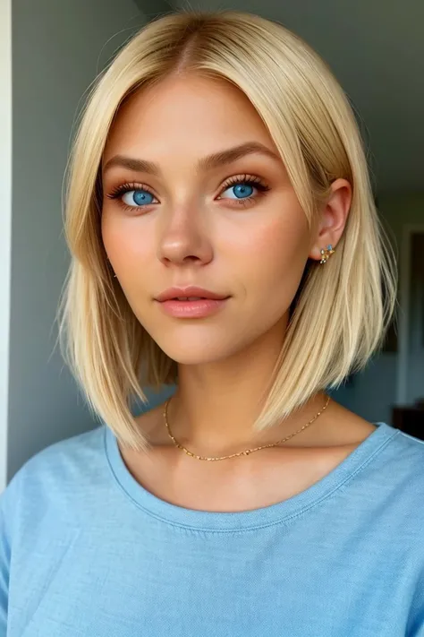 photo of <lora:sd15_locon_AllieDunn_16_v1-000014:.9> AllieDunn with blonde hair, focus on eyes, close up on face, wearing jewelry, carolina blue color hair styled as bob hair, vignette