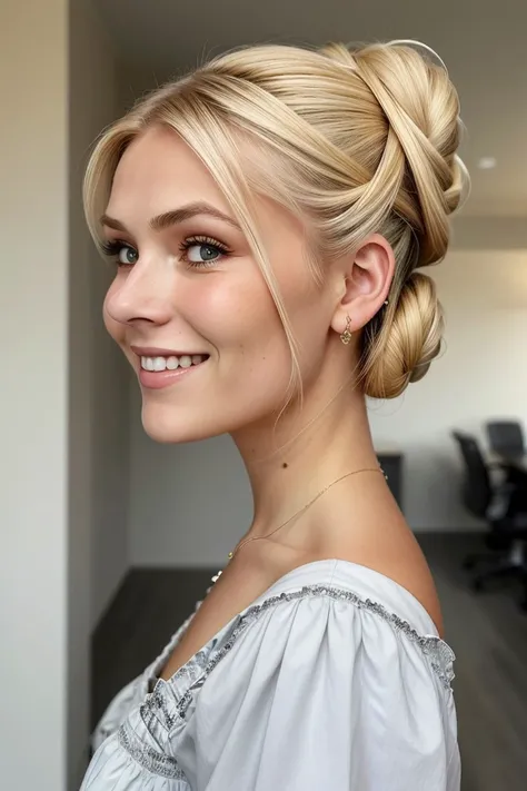 headshot of photo of <lora:sd15_locon_AllieDunn_16_v1-000014:.9> AllieDunn with blonde hair, focus on smiling face, side view wearing victorian clothing , her hair is styled as voluminous updo,