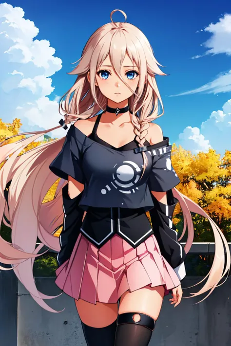 (masterpiece, best quality:1.2), solo, 1girl, vocaloidia, expressionless, looking at viewer, ahoge, twin braids, black shirt, off shoulder, skirt, asymmetrical legwear, single thighhigh, thigh strap, choker <lora:vocaloid_ia-10:1>