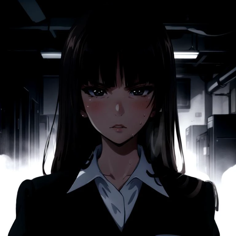 masterpiece, best quality, highres, volumetic lighting, cinematic lighting, extremely detailed, 1girl, mature, nose, 39 years old woman, (nasolabial fold:1.2), long hair, black hair, blunt bangs, black eyes, eyebrows, eyeshadow, eyeliner, full lips, (sweat:1.1), emotionless, blush, (breath steam:1.1), voluptuous <lora:nishizumi_shiho-000020:0.8> nishizumi shiho, normal, formal, engagement ring, cowboy shot