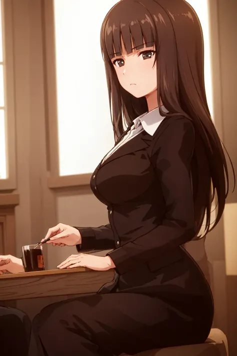 (masterpiece),best quality,Amazing,finely detail.Depth of field,beautiful detailed eyes,<lora:nishizumi_shiho-000020:0.9:MIDD>,nishizumi shiho,cowboy shot, normal,frown,mature female, formal