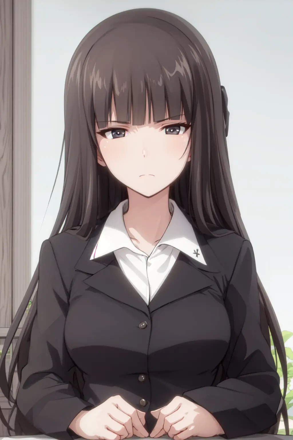 (masterpiece),best quality,Amazing,finely detail.Depth of field,beautiful detailed eyes,<lora:nishizumi_shiho-000020:0.9:MIDD>,nishizumi shiho,cowboy shot, normal,frown,mature female, formal