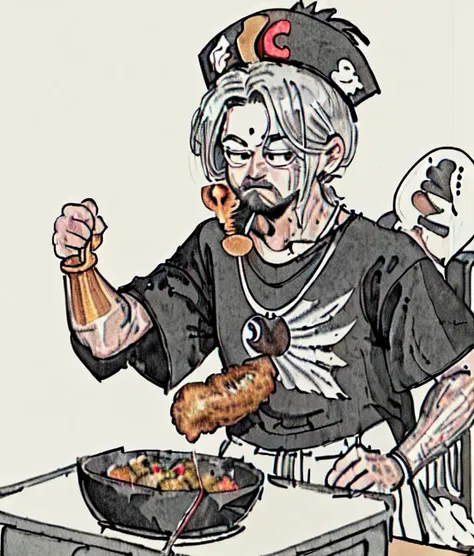 <lora:Colorwater_v2:0.05>, <lora:ikunV10_v10:1.23>,1boy,(ikun:1.1),Chicken beak,Yellow feather,rapper hat,golden necklace,shirt slip,Silver hair,(Middle parting hairstyle),shiny skin, gray strappy pants, black T-shirt,(kfc mark on t-shirt:1.2),desk,Roast chicken, roast duck, roast goose, KFC Family Bucket,bowl,