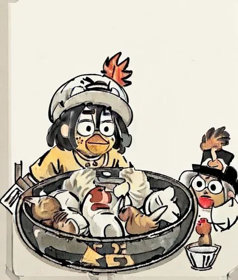 <lora:Colorwater_v2:0.1>, <lora:ikunV10_v10:1.2>,1boy,(ikun:1.1),Chicken beak,Yellow feather,rapper hat,golden necklace,kfc mark on t-shirt,Roast chicken, roast duck, roast goose, desk,KFC Family Bucket,bowl,