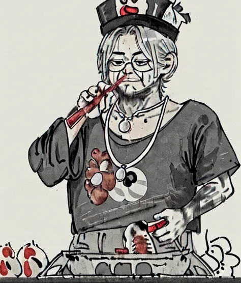 <lora:Colorwater_v2:0.05>, <lora:ikunV10_v10:1.25>,1boy,(ikun:1.1),rapper hat,golden necklace,shirt slip,Silver hair,(Middle parting short hairstyle),shiny skin, gray strappy pants, black T-shirt,(kfc mark on t-shirt:1.2),desk,Roast chicken, roast duck, roast goose, KFC Family Bucket,bowl,feathers, blood, blood splatter, blood on knife, blood on face,Chicken head, chicken wing, chicken leg, raw chicken, blood clot, kitchen knife, counter, pot, gas stove,
