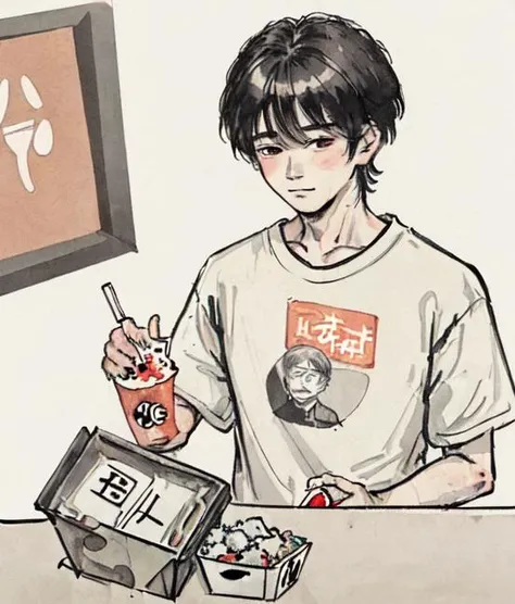 <lora:Colorwater_v2:0.1>, <lora:ikunV10_v10:0.8>,1boy,ikun,kfc mark on t-shirt, KFC Family Bucket,