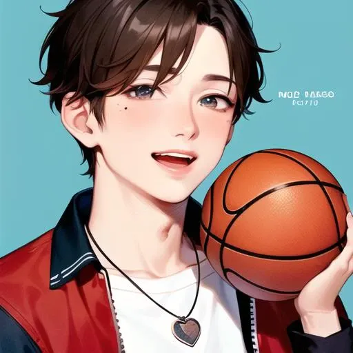 ((masterpiece)),(((best quality))),illustration,1boy,<lora:ikun_v10:1>solo, basketball, male focus, blue background, smile, brown hair, red jacket, simple background, necklace, open mouth, jewelry, mole, artist name, blush stickers, jacket, upper body