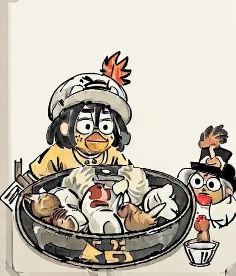 <lora:Colorwater_v2:0.1>, <lora:ikunV10_v10:1.2>,1boy,(ikun:1.1),Chicken beak,Yellow feather,rapper hat,golden necklace,kfc mark on t-shirt,Roast chicken, roast duck, roast goose, desk,KFC Family Bucket,bowl,