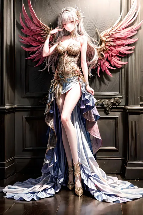 <lora:lifu_10:0.7>,super high resolution,best quality,Photos,4k,(Realistic:1.2),lifu,1girl,long hair,dress,feathered wings,pink wings,strapless dress,whole body,<lora:add_detail:1.8>,
