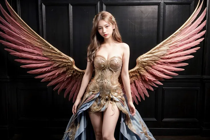 <lora:lifu_10:0.8>,super high resolution,rich in color,best quality,Photos,4k,(Realistic:1.2),lifu,1girl,long hair,strapless dress,feathered wings,pink wings,whole body,<lora:add_detail:1.8>,