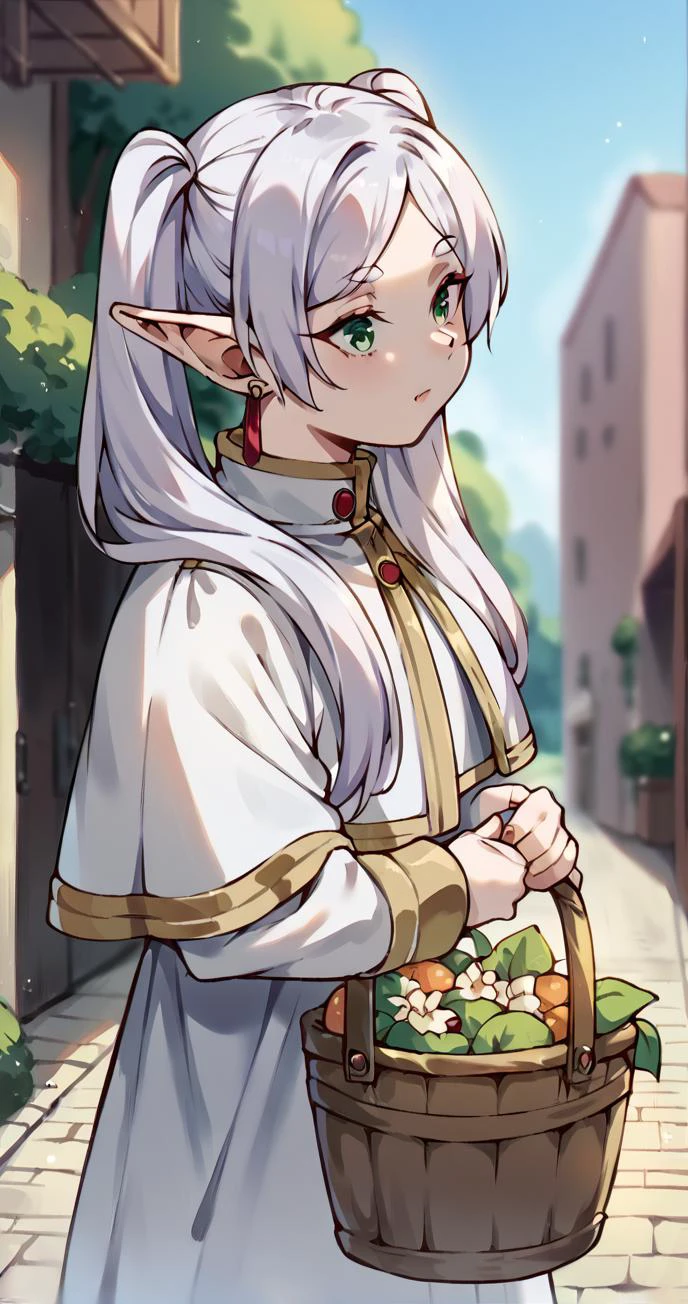 score_9,score_8_up,score_7_up,score_6_up,score_5_up,score_4_up,<lora:aesthetic_witchy:0.3>,witchyaesthetic,blurry background, eyes, day, from side, holding basket, <lora:AurahackXL:0.8>, <lora:sfrieren_ponyxl_1:0.6>,sfrieren,green eyes,solo,1girl,cute,twintails,white capelet,striped top,,