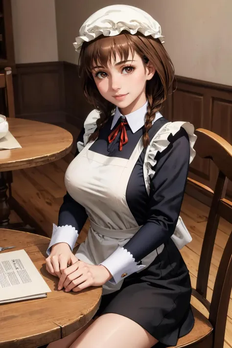 masterpiece, best quality,  <lora:maidane-nvwls-v1-000009:0.8> maidane, twin braids, hat, maid uniform, black dress, long sleeves, apron, large breasts, sitting, table, chair, indoors, looking at viewer, smile, sitting across table