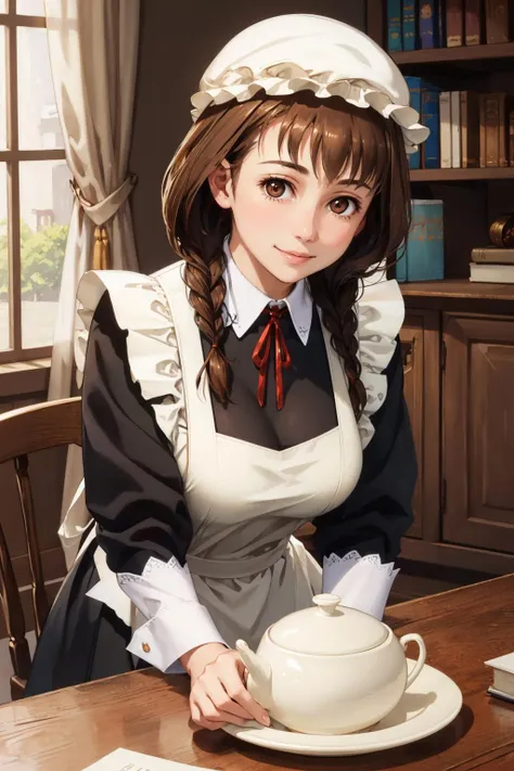 masterpiece, best quality, <lora:maidane-nvwls-v1-000009:0.9> maidane, twin braids, hat, maid uniform, black dress, long sleeves, apron, mature female, large breasts, looking at viewer, indoors, bookshelf, smile, upper body, leaning forward