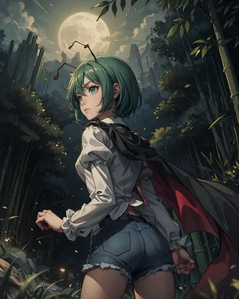 <lora:nightbug:1>,wriggle nightbug, 1girl,antennae, green hair,short hair,cape,green eyes,white shirt,puffy sleeves,long sleeves, hands behind back, denim shorts,outdoors, night, bamboo forest, moonlight, light particles, <lora:add_detail:0.25>, masterpiece, best quality, perfect composition