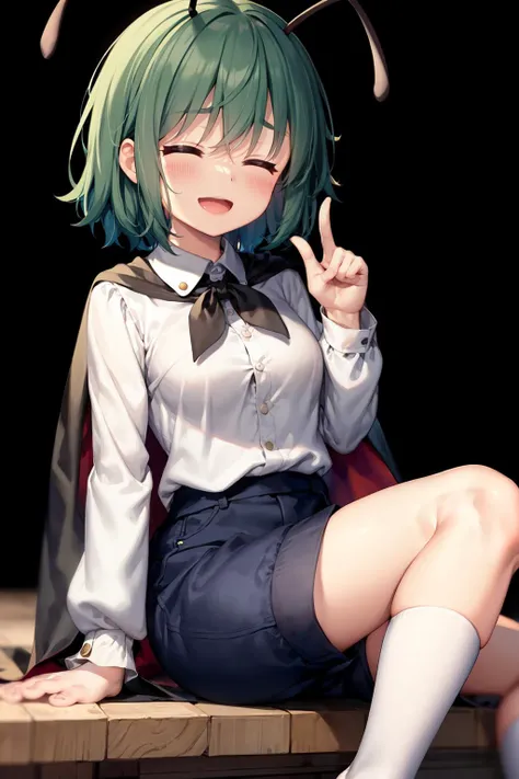 masterpiece, best quality, <lora:nightbug:1>,1girl, solo, shirt, wriggle nightbug, simple background, white background, white shirt, open mouth, cape, closed eyes, shorts, antennae, long sleeves, smile, black cape, green hair, collared shirt, bangs, short hair, black shorts, socks, white socks, red cape, breasts, pointing, two-sided fabric, hair between eyes, two-sided cape, :d, buttons, one-hour drawing challenge, blush, kneehighs, ^_^, feet out of frame, medium breasts, sitting, facing viewer, happy, small breasts, index finger raised, medium hair, pointing at self