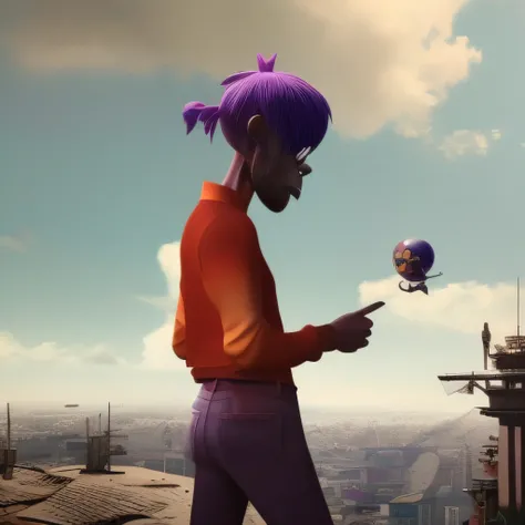 An exquisite 3d render of a person (in the style of newgorillaz), dramatic and nostalgic vibe, with raindrops and an urban backdrop, evocative expression, gorgeous, beautiful colourful, insanely complex, 4k