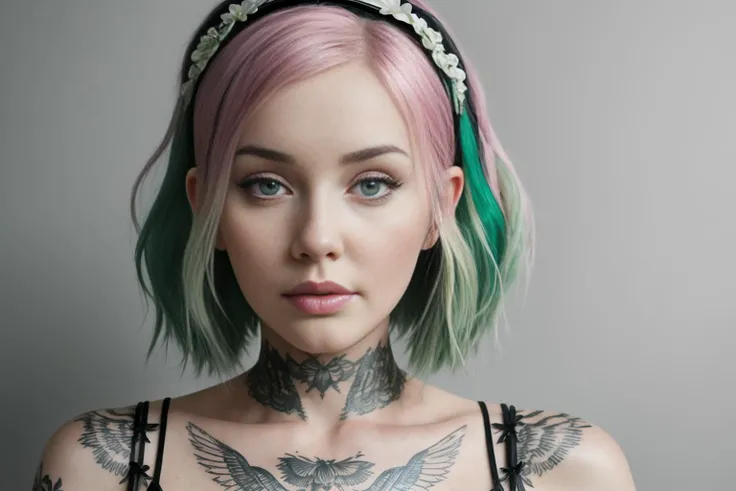portrait of  DEN_nixy, headshot, face focus, black background, plain top, pale pink hair bob, green hair tips, pink hair roots,
photorealistic, detail, high detail
