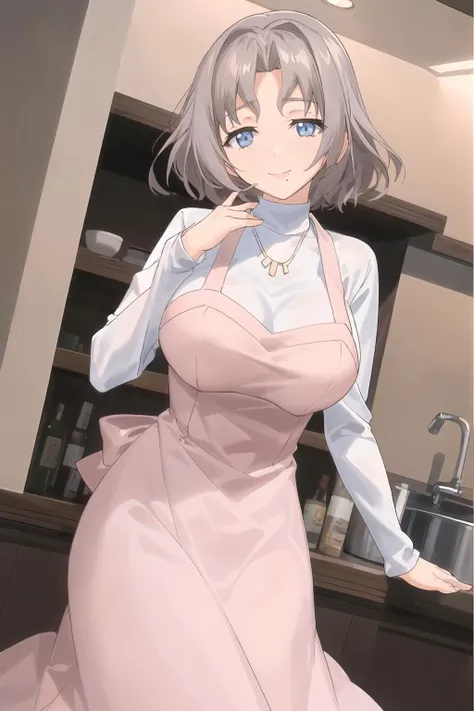 <lora:RyoukoYanagi2-000040:0.8>, Ryouko Yanagi , smile, long sleeves, white turtleneck, arms extended, dress, apron, grey hair, large breasts, collar,