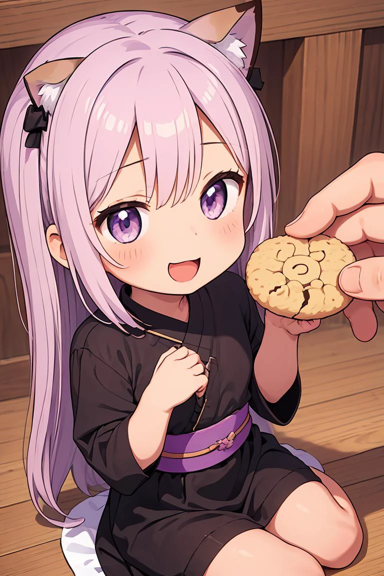 (masterpiece, best quality), 1girl, Lilac purple Caesar Cut with Skin Fade, big breasts <lora:give food-001.5:1> give food, pinch a cookie, hand from out of screen, smile