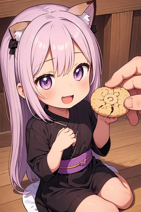 (masterpiece, best quality), 1girl,  Lilac purple Caesar Cut with Skin Fade, big breasts  <lora:give food-001.5:1> give food, pinch a cookie, hand from out of screen, smile