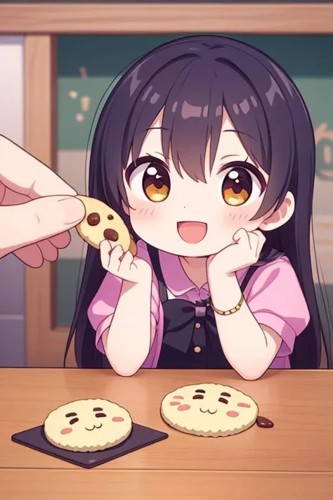 masterpiece, best quality,ultra detail,girl,give food, pinch a cookie, hand from out of screen, smile <lora:give food-001.5:0.7>