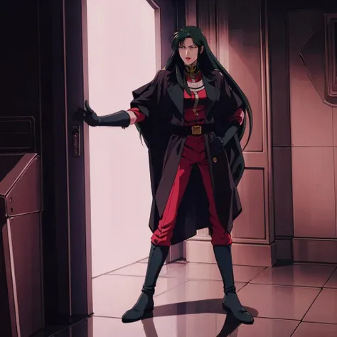 masterpiece,high quality,solo,
<lora:cimagarahau001:0.7>,
cimagarahau,1woman,
long hair,green hair,sidelocks,black eyes,lipstick,
military uniform,long coat,
gloves,
belt,pants,
knee boots,
full body,standing,indoors,