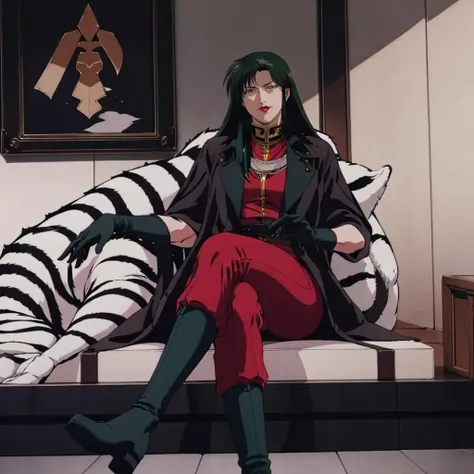 masterpiece,high quality,solo,
<lora:cimagarahau001:0.7>,
cimagarahau,1woman,
long hair,green hair,sidelocks,black eyes,lipstick,
military uniform,long coat,
gloves,
pants,
knee boots,
indoors,
sitting,white tiger,folding fan,crossed legs,