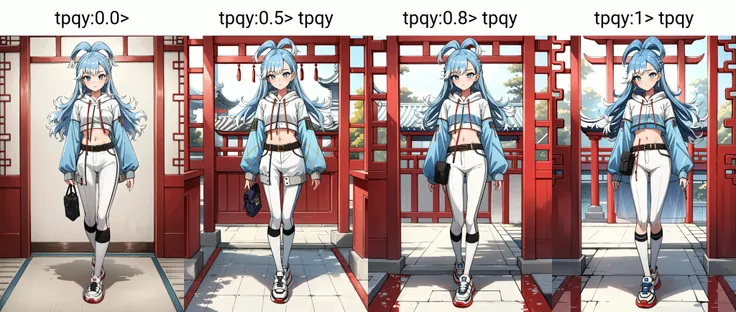 (masterpiece, best quality),  intricate details,
1girl,    <lyco:KitsuneAi-Kobo-LoCon32V1-000010:0.8>cropped hoodie, see-through, sleeves past wrists, hood, long hair, sleeves past fingers, pants, drawstring, jacket, socks, hoodie, shoes, long sleeves, midriff, white hoodie, crop top, white pants, sneakers, puffy long sleeves, pocket, raincoat, white jacket, white footwear, earrings, navel, kneehighs,zipper, belt, blue jacket, tight pants, hood down
 <lora:tpqy:0.0> chinese temple, pillars, indoors,