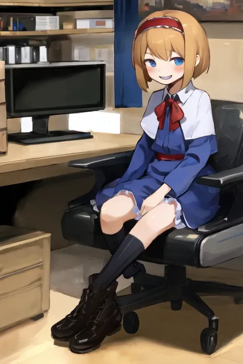 1girl,solo,,petite,loliafia hiout, ashtray, iron array, multi-monitor computer, sofa,concrete room,
detailed background,
<lora:ALCTIS_V10:1>, ALCTIS,evil grin,fang,with a cigarette in her mouth,blond hair,blue dress,short hair,Red catsuits