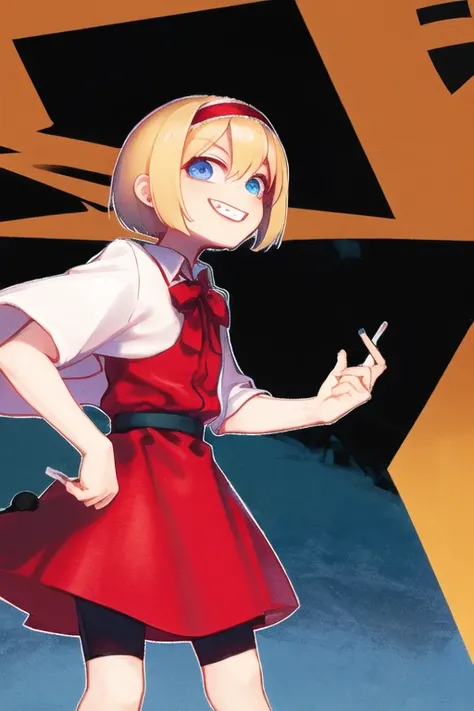 1girl,solo,,petite,loli
<loraLCTIS_V10:0.9>, ALCTIS,grin,fang,sharp eyes,with a cigarette in her mouth,blond hair,Red catsuit,blue dress,