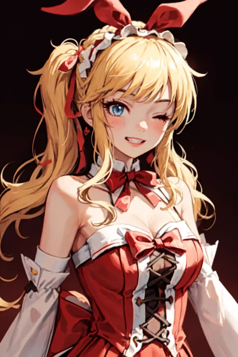 <lora:ohtsuki yui v10:1>, ohtsuki yui, 1girl, breasts, blonde hair, one eye closed, solo, large breasts, blue eyes, smile, twintails, cleavage, looking at viewer, long hair, bare shoulders, bangs, blush, striped, dress, frills, detached sleeves, bow, red bow, striped dress, ribbon, elbow gloves, gloves, hairband, grin, low twintails, upper body, red ribbon, red dress, hair ribbon, gradient background,