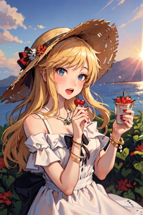 <lora:ohtsuki yui v10:1>, ohtsuki yui, 1girl, breasts, hat, solo, long hair, dress, blonde hair, blue eyes, cleavage, food, flower, fruit, white dress, large breasts, open mouth, cherry, hat flower, jewelry, holding, looking at viewer, bangs, bare shoulders, collarbone, bracelet, holding food, wavy hair, necklace, sky, sun hat, red flower, nail polish, cloud, sunset, lens flare, outdoors, sleeveless, sparkle, blush, sundress, bare arms