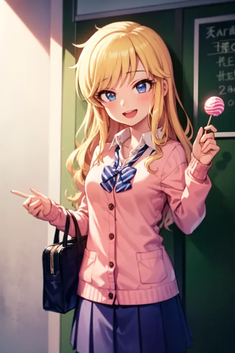 <lora:ohtsuki yui v10:1>, ohtsuki yui, 1girl, food, solo, candy, long hair, lollipop, skirt, blonde hair, blue eyes, blue skirt, looking at viewer, smile, blush, holding, wavy hair, bow, shirt, blue bow, bangs, open mouth, striped, white shirt, cardigan, bowtie, pleated skirt, holding food, striped bow, teeth, pink cardigan, holding candy, upper teeth only, collared shirt, long sleeves, :d, striped bowtie, school uniform, blue bowtie, holding lollipop, breasts, loose bowtie, dress shirt cityscape,