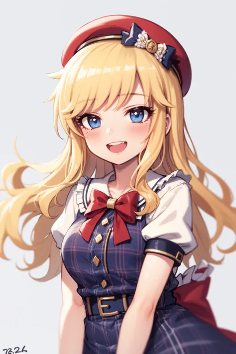 <lora:ohtsuki yui v10:1>, ohtsuki yui, 1girl, solo, blonde hair, long hair, dress, blue eyes, hat, smile, red headwear, looking at viewer, open mouth, breasts, blush, blue dress, short sleeves, wrist cuffs, belt, bow, white background, simple background, bangs, puffy short sleeves, teeth, puffy sleeves, red bow, :d, wavy hair, dated, frills, medium breasts, large breasts