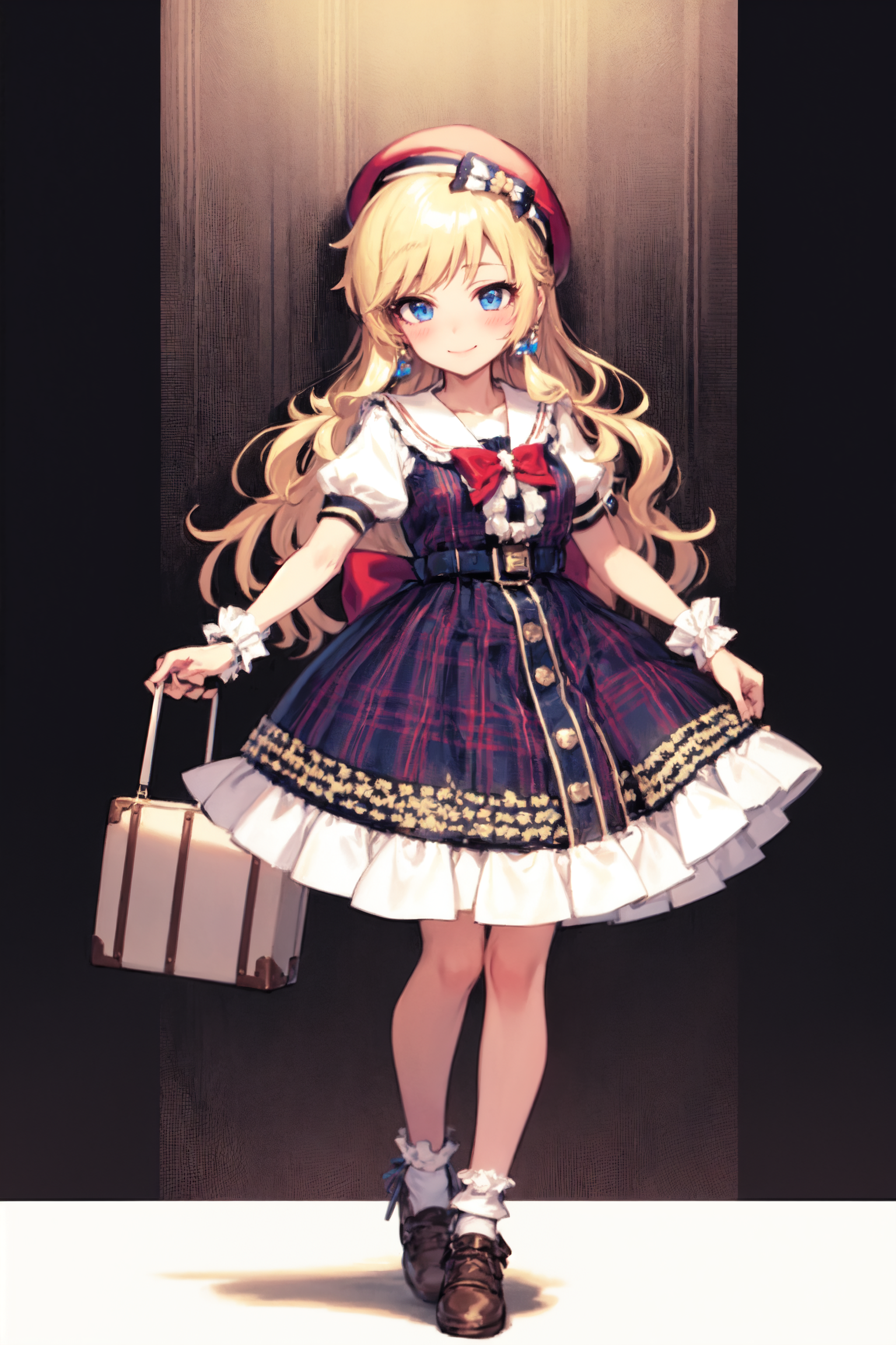 A close up of a person in a dress and hat holding a suitcase - SeaArt AI