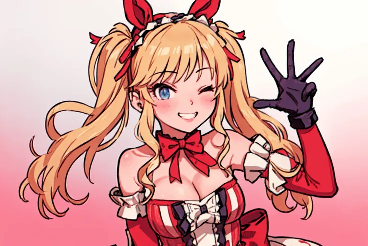 <lora:ohtsuki yui v10:1>, ohtsuki yui, 1girl, breasts, blonde hair, one eye closed, solo, large breasts, blue eyes, smile, twintails, cleavage, looking at viewer, long hair, bare shoulders, bangs, blush, striped, dress, frills, detached sleeves, bow, red bow, striped dress, ribbon, elbow gloves, gloves, hairband, grin, low twintails, upper body, red ribbon, red dress, hair ribbon, gradient background,