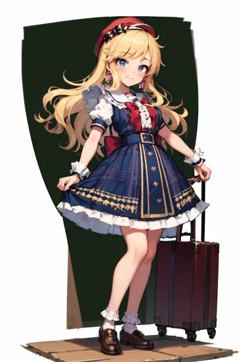 <lora:ohtsuki yui v10:1>, ohtsuki yui, 1girl, solo, blonde hair, long hair, blue eyes, dress, red headwear, hat, suitcase, breasts, smile, looking at viewer, blush, flower, short sleeves, simple background, brown footwear, white background, jewelry, wrist cuffs, puffy short sleeves, bangs, puffy sleeves, shoes, wavy hair, full body, socks, frills, blue dress, white socks, bow, medium breasts, earrings, standing