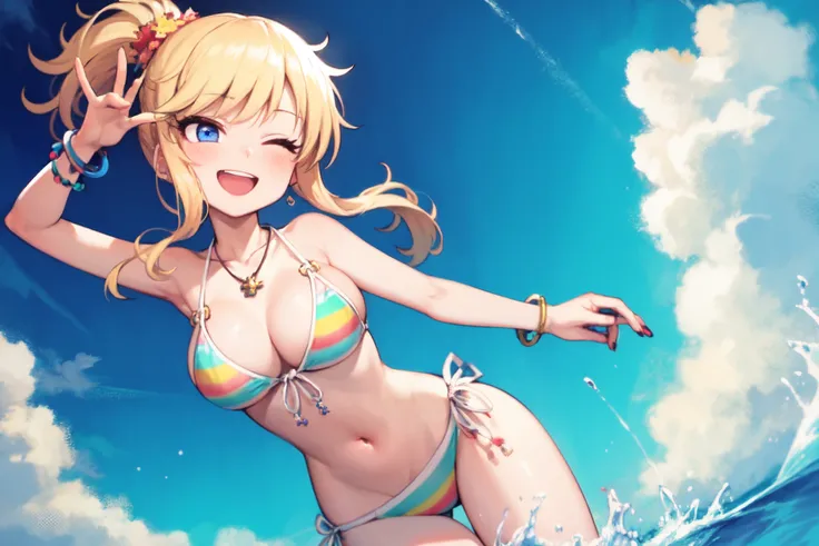 <lora:ohtsuki yui v10:1>, ohtsuki yui, 1girl, swimsuit, bikini, breasts, solo, one eye closed, blonde hair, blue eyes, multicolored bikini, jewelry, side-tie bikini bottom, smile, striped bikini, cleavage, striped, ponytail, multicolored clothes, long hair, navel, outdoors, necklace, open mouth, looking at viewer, bracelet, blush, large breasts, water, sky, day, hair ornament, ocean, front-tie top, string bikini, wavy hair, bangs, collarbone, splashing, halterneck, o-ring, blue sky, cloud, front-tie bikini top, thigh gap, ;d, bare shoulders, pink nails, nail polish