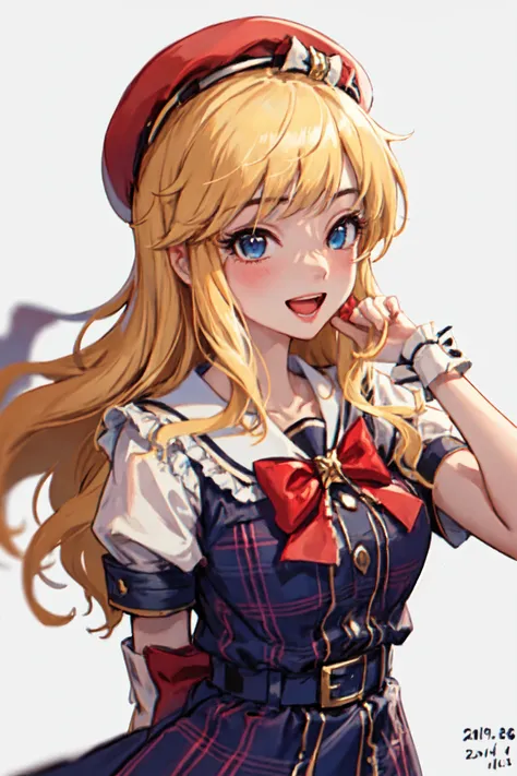 <lora:ohtsuki yui v10:1>, ohtsuki yui, 1girl, solo, blonde hair, long hair, dress, blue eyes, hat, smile, red headwear, looking at viewer, open mouth, breasts, blush, blue dress, short sleeves, wrist cuffs, belt, bow, white background, simple background, bangs, puffy short sleeves, teeth, puffy sleeves, red bow, :d, wavy hair, dated, frills, medium breasts, large breasts