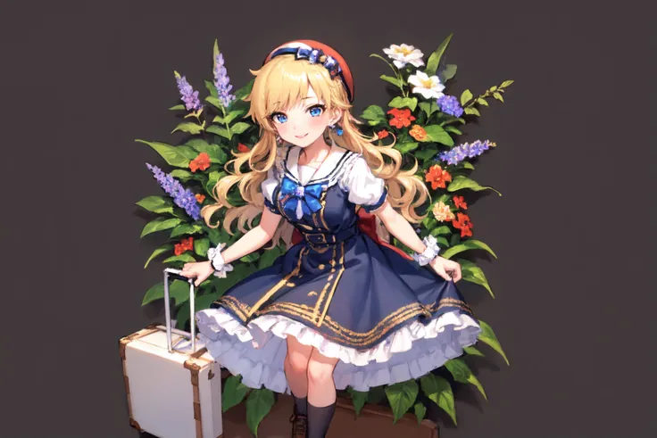 <lora:ohtsuki yui v10:1>, ohtsuki yui, 1girl, solo, blonde hair, long hair, blue eyes, dress, red headwear, hat, suitcase, breasts, smile, looking at viewer, blush, flower, short sleeves, simple background, brown footwear, white background, jewelry, wrist cuffs, puffy short sleeves, bangs, puffy sleeves, shoes, wavy hair, full body, socks, frills, blue dress, white socks, bow, medium breasts, earrings, standing