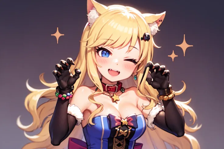<lora:ohtsuki yui v10:1>, ohtsuki yui, 1girl, solo, one eye closed, long hair, breasts, animal ears, blue eyes, blonde hair, smile, cleavage, gloves, open mouth, blush, jewelry, looking at viewer, necklace, bangs, upper body, ;d, bare shoulders, star (symbol), fang, collarbone, fingerless gloves, bow, hair bow, black gloves, halloween, wavy hair, fur trim, hair ornament, collar, bracelet, medium breasts, dress, red bow, hand up, large breasts, cat ears, teeth, claw pose