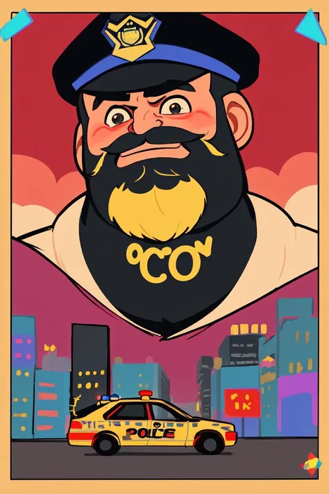 cute macho police man with a beard on the city streets, color theory, illustration, closeup
 <lora:cutethingsB001-000008:.51>