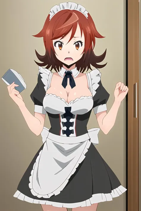 <lora:retto_enjou_girl-16:1> retto_enjou_girl, 1girl, red hair, solo, short hair, red eyes, maid outfit, busty, cleavage, surprised