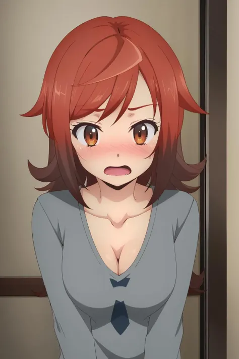 <lora:retto_enjou_girl-16:1> retto_enjou_girl, 1girl, red hair, solo, short hair, red eyes, oversized shirt, cleavage, embarrassed, blush, wavy open mouth, upper body,
