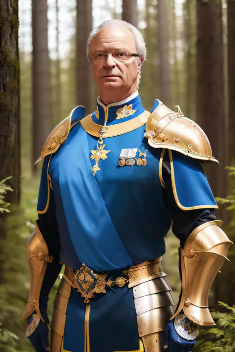 ((masterpiece)) ((high quality)) ((professional)) portrait of KungCarl wearing blue and yellow paladin armor, heavy armor, and glasses in the woods, (digital art:1.3) masterful, (portrait composition:1.3) two tone lighting , (absurdres), sharp, detailed, <lora:epi_noiseoffset2:0.15> <lora:backlighting:0.2> <lora:carl_xvi_vng:1> <lora:PLD_amor:0.8>