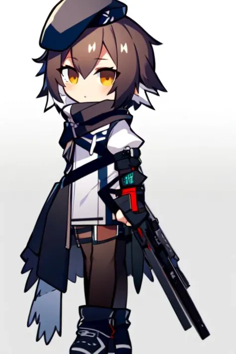 1girl, plume_\(arknights\), plume, black beret, <lora:AK-Plume:0.8>, best quality, dark brown hair, , <lora:ArknightsChibi2:0.8>, min